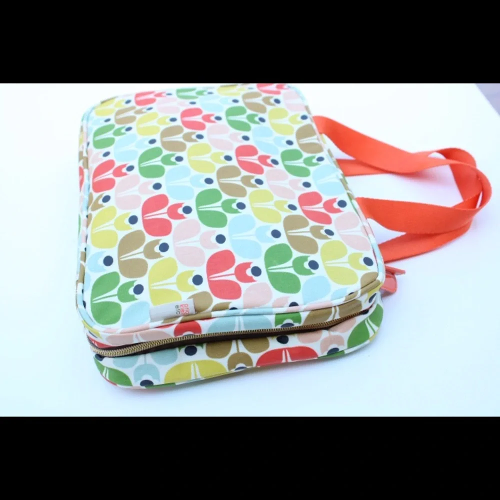 Orla Kiely Multicolor Floral Pattern Cosmetic Bag with Orange Handles